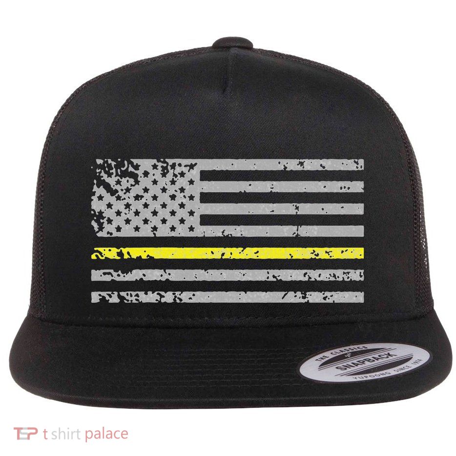 Thin Yellow Line American Flag Emergency Dispatcher Flat Bill Trucker Hat