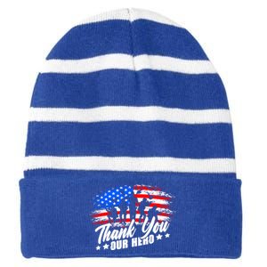 Thank You Military American Flag Soldier Memorial Veteran Meaningful Gift Striped Beanie with Solid Band