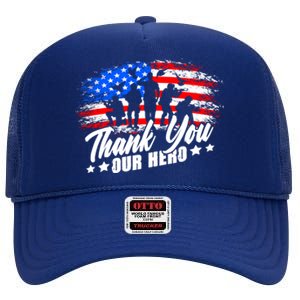 Thank You Military American Flag Soldier Memorial Veteran Meaningful Gift High Crown Mesh Back Trucker Hat