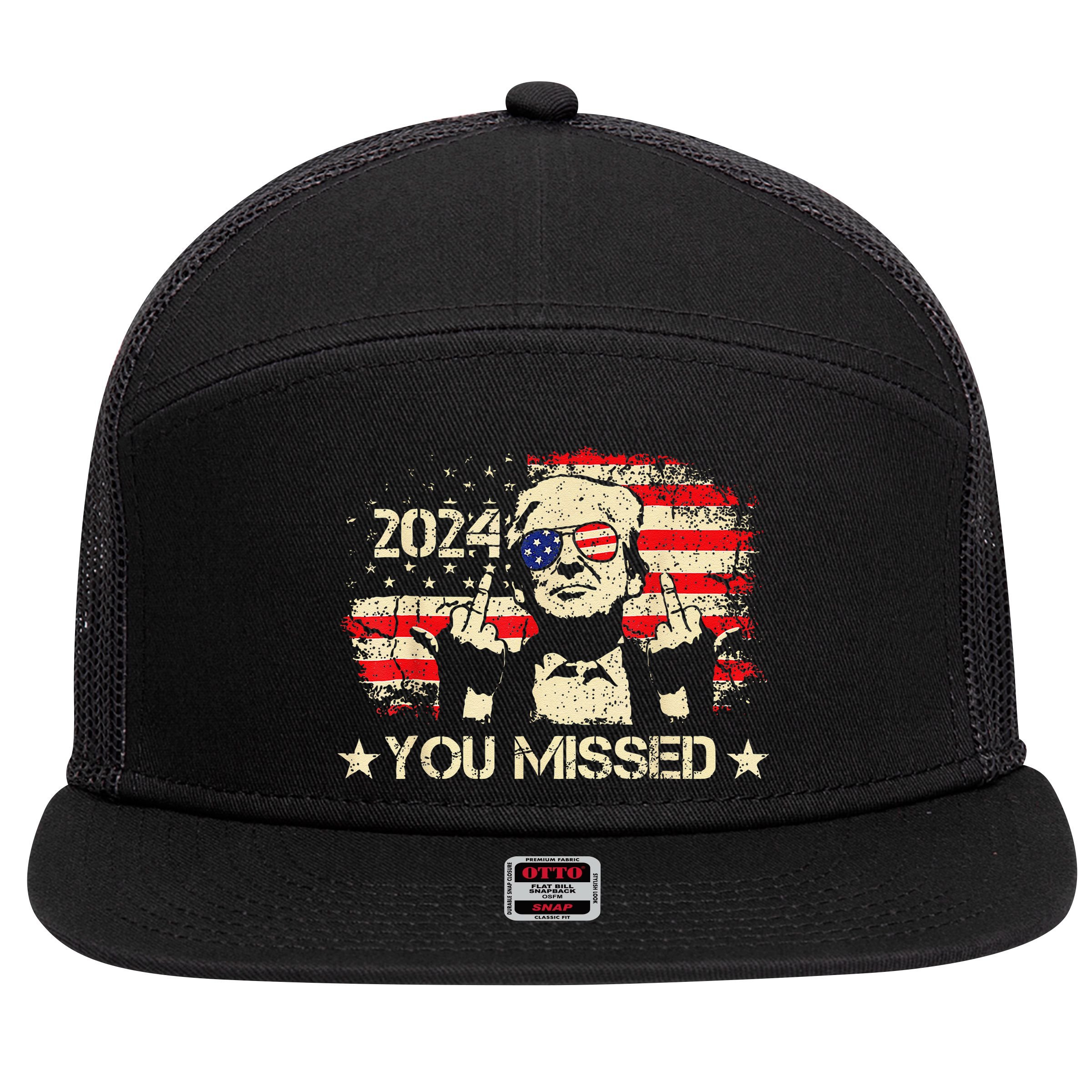 Trump You Missed Funny Trump 2024 7 Panel Mesh Trucker Snapback Hat