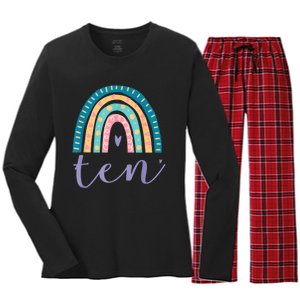 Ten Year Old Rainbow 10th Birthday Gifts For Girls 10 Bday Women's Long Sleeve Flannel Pajama Set 