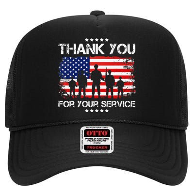 Thank You Patriotic Veteran Memorial Day 4th Of July US Flag High Crown Mesh Back Trucker Hat