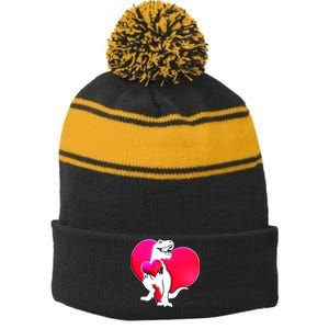 Tyrannosaurus Rex Valentine Heart Dinosaur  Stripe Pom Pom Beanie