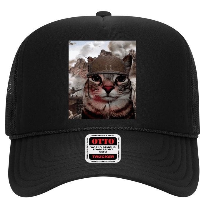 Thousand Yard Stare Funny Soldier Cat Meme In Battlefield High Crown Mesh Back Trucker Hat