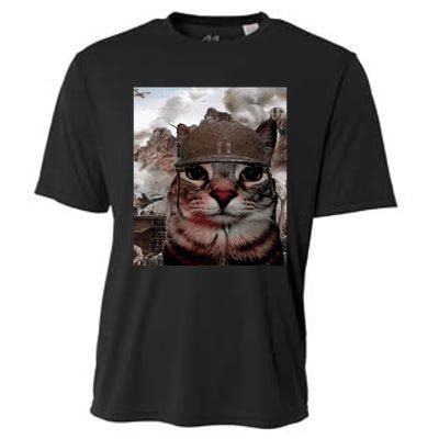 Thousand Yard Stare Funny Soldier Cat Meme In Battlefield Cooling Performance Crew T-Shirt