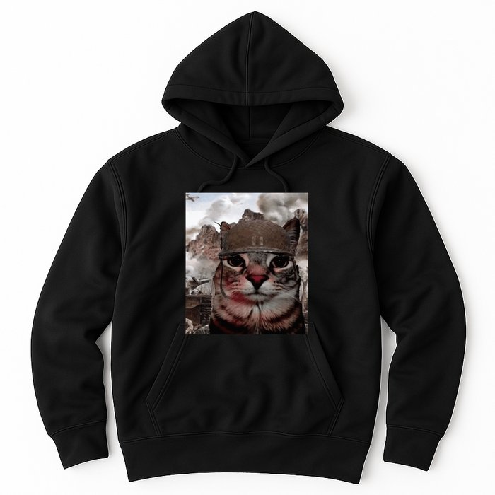 Thousand Yard Stare Funny Soldier Cat Meme In Battlefield Hoodie