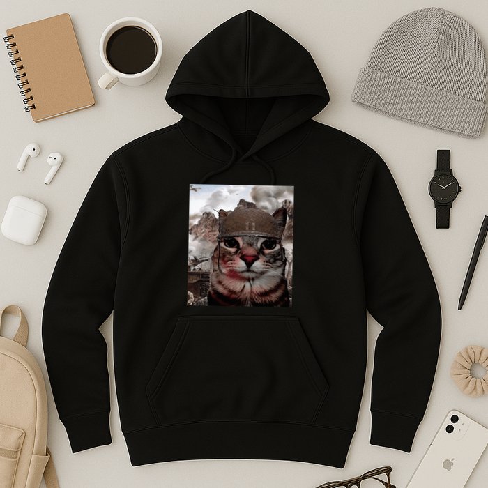 Thousand Yard Stare Funny Soldier Cat Meme In Battlefield Hoodie