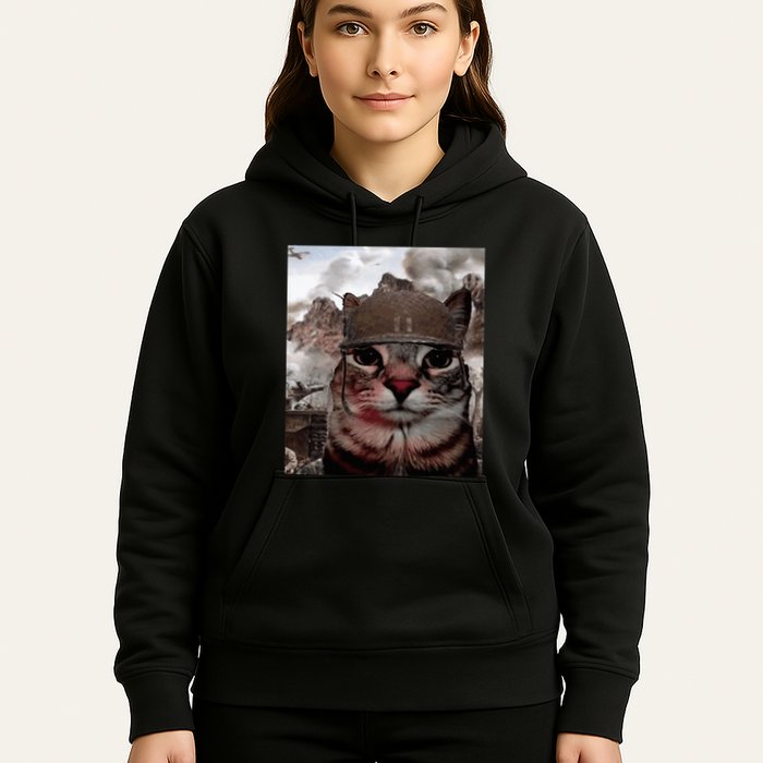 Thousand Yard Stare Funny Soldier Cat Meme In Battlefield Hoodie