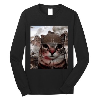 Thousand Yard Stare Funny Soldier Cat Meme In Battlefield Long Sleeve Shirt