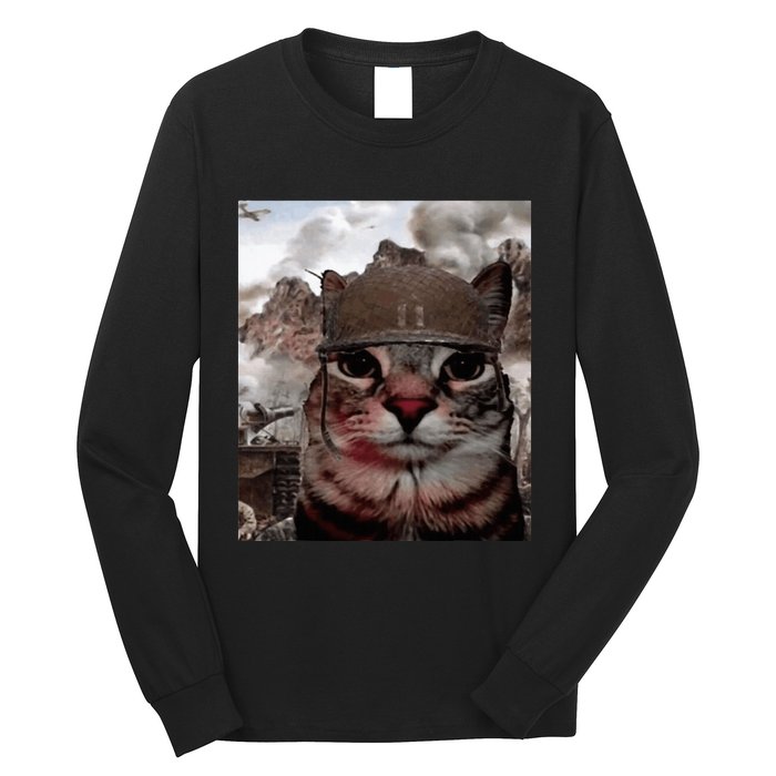 Thousand Yard Stare Funny Soldier Cat Meme In Battlefield Long Sleeve Shirt