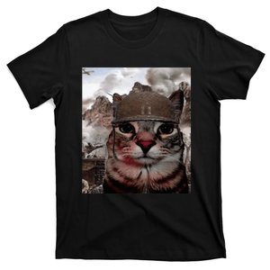 Thousand Yard Stare Funny Soldier Cat Meme In Battlefield T-Shirt