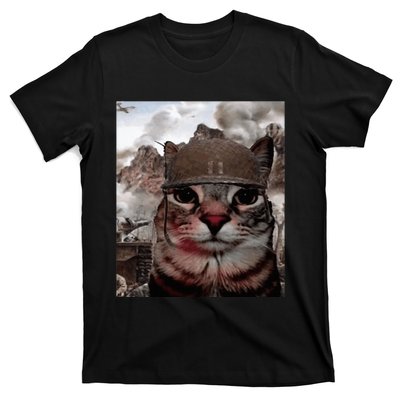 Thousand Yard Stare Funny Soldier Cat Meme In Battlefield T-Shirt