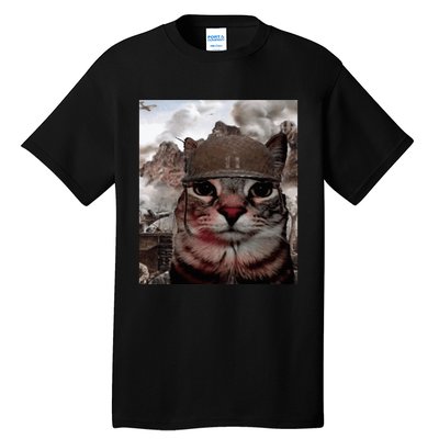 Thousand Yard Stare Funny Soldier Cat Meme In Battlefield Tall T-Shirt