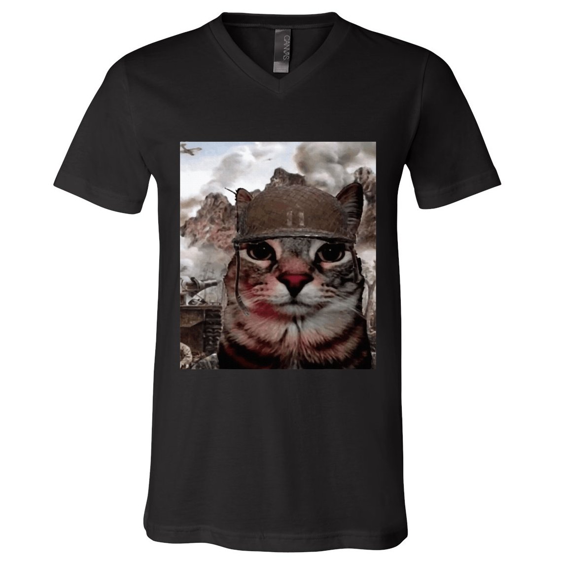 Thousand Yard Stare Funny Soldier Cat Meme In Battlefield V-Neck T-Shirt