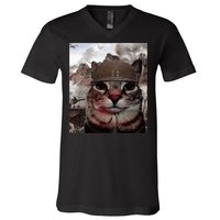 Thousand Yard Stare Funny Soldier Cat Meme In Battlefield V-Neck T-Shirt