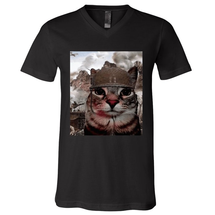 Thousand Yard Stare Funny Soldier Cat Meme In Battlefield V-Neck T-Shirt