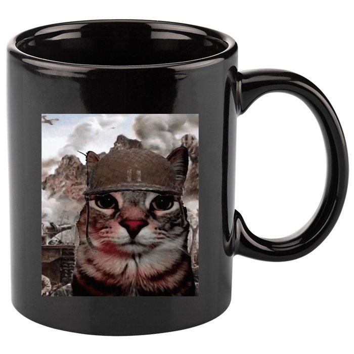 Thousand Yard Stare Funny Soldier Cat Meme In Battlefield 11oz C Handle Ceramic Mug