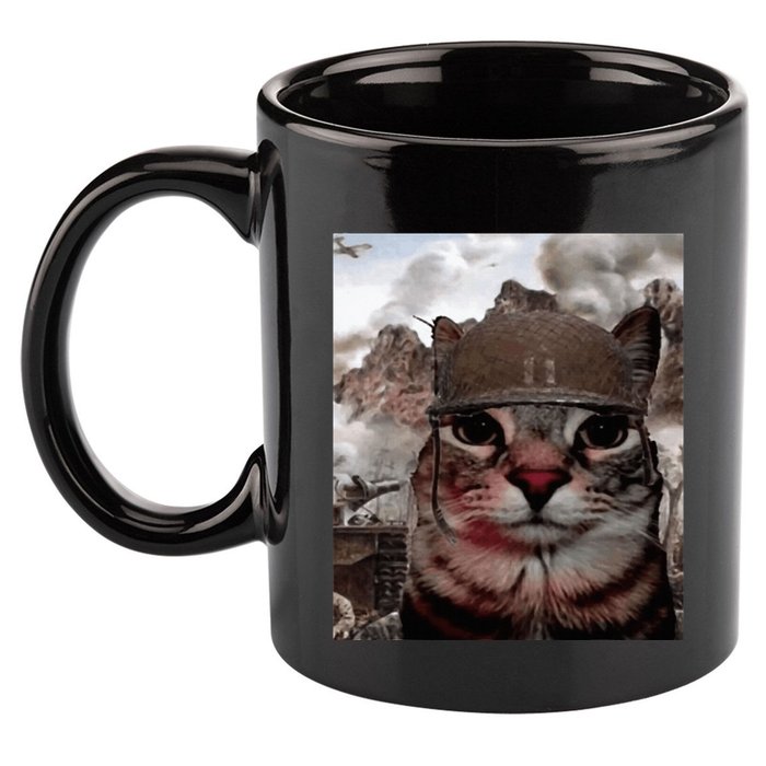 Thousand Yard Stare Funny Soldier Cat Meme In Battlefield 11oz C Handle Ceramic Mug
