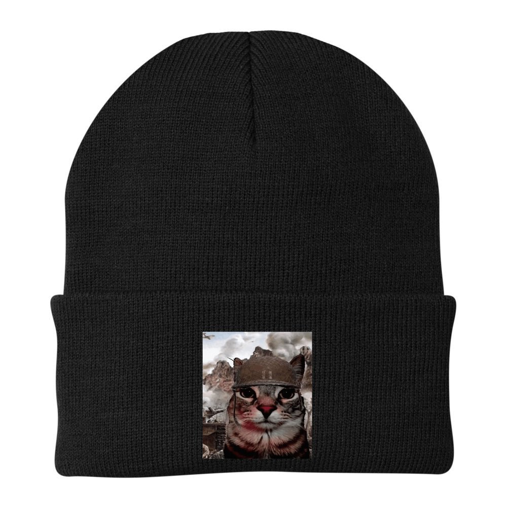 Thousand Yard Stare Funny Soldier Cat Meme In Battlefield Beanie