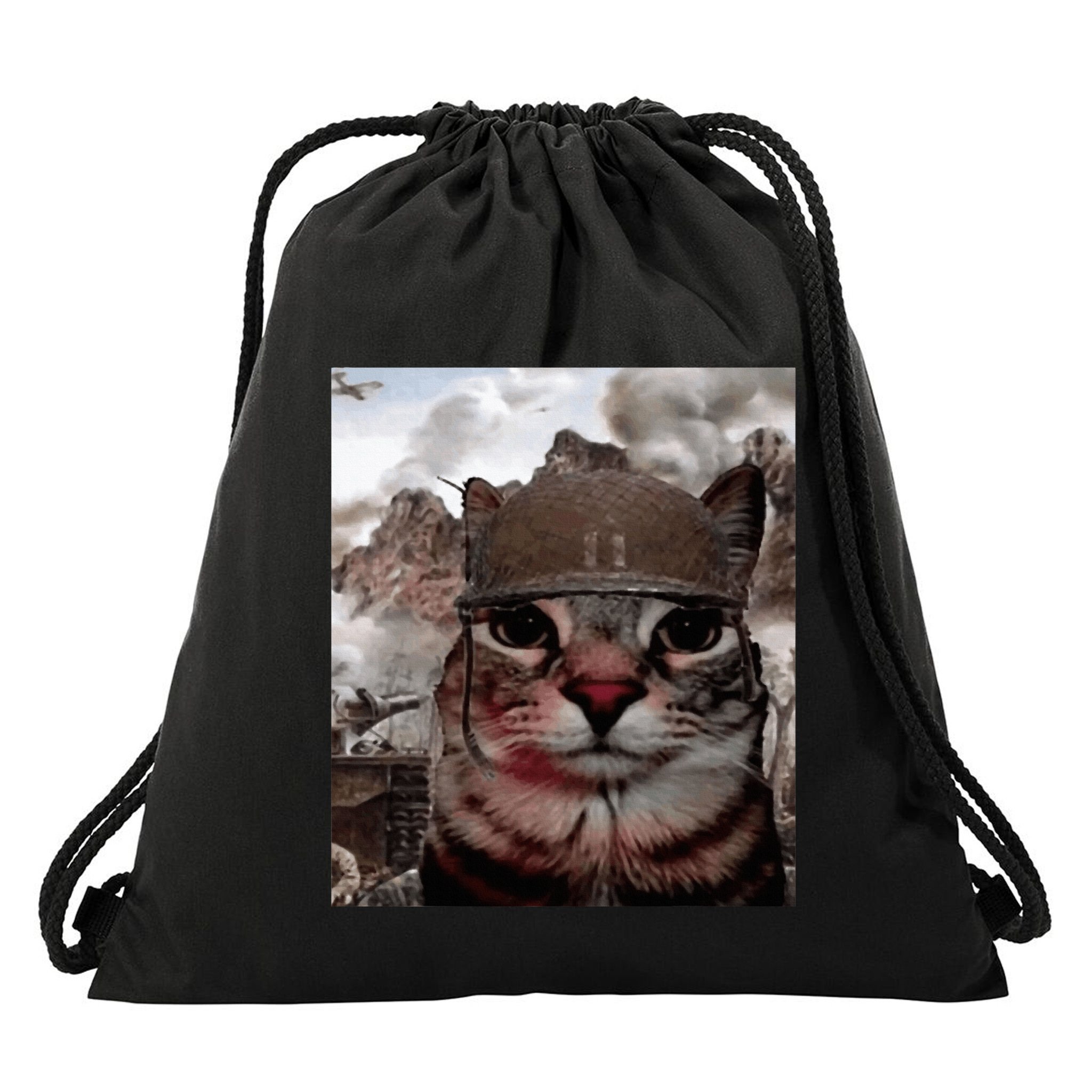 Thousand Yard Stare Funny Soldier Cat Meme In Battlefield Drawstring Bag