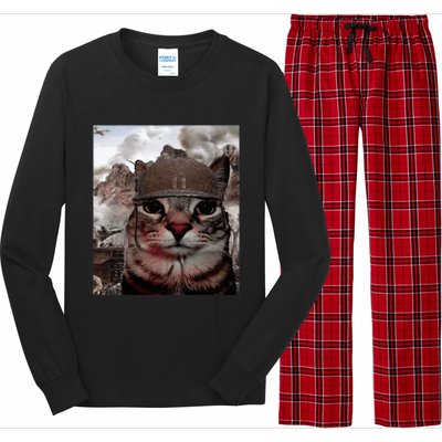 Thousand Yard Stare Funny Soldier Cat Meme In Battlefield Long Sleeve Pajama Set