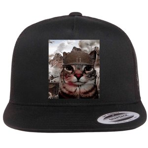 Thousand Yard Stare Funny Soldier Cat Meme In Battlefield Flat Bill Trucker Hat