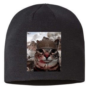 Thousand Yard Stare Funny Soldier Cat Meme In Battlefield Sustainable Beanie