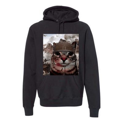 Thousand Yard Stare Funny Soldier Cat Meme In Battlefield Premium Hoodie