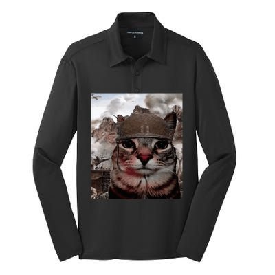 Thousand Yard Stare Funny Soldier Cat Meme In Battlefield Silk Touch Performance Long Sleeve Polo