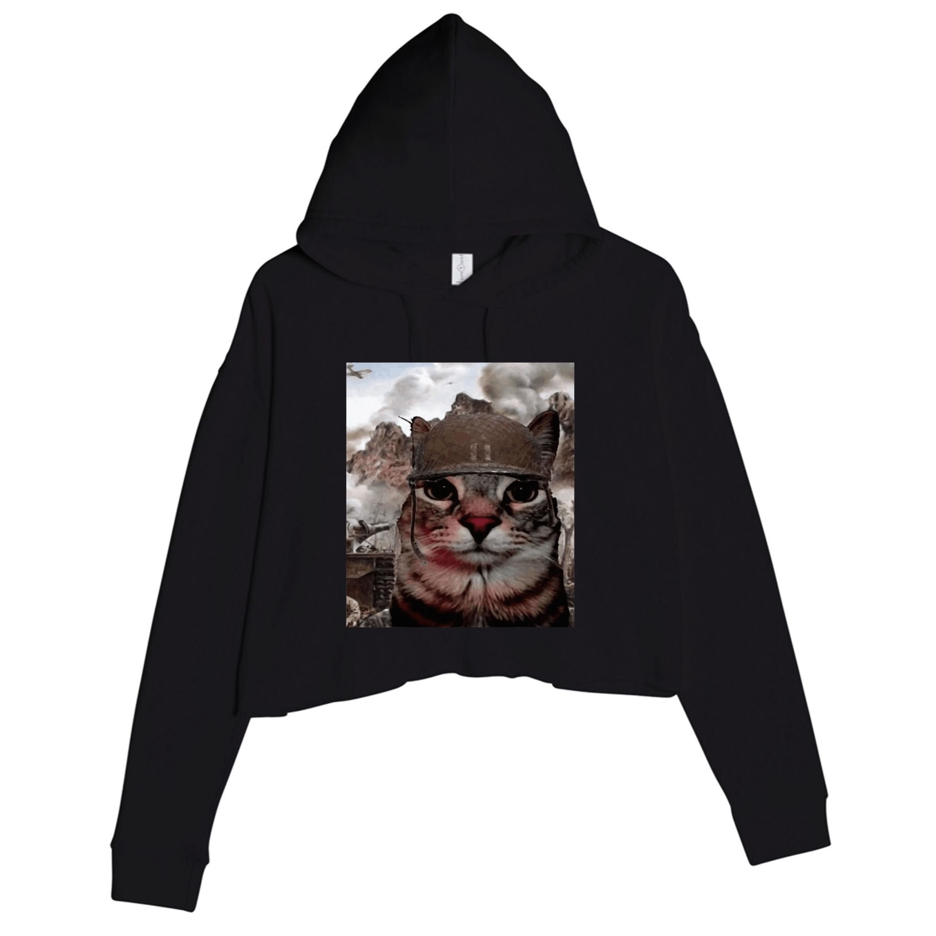 Thousand Yard Stare Funny Soldier Cat Meme In Battlefield Crop Fleece Hoodie