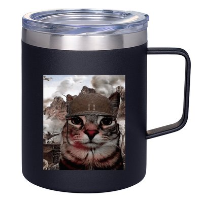 Thousand Yard Stare Funny Soldier Cat Meme In Battlefield 12oz Stainless Steel Coffee Mug