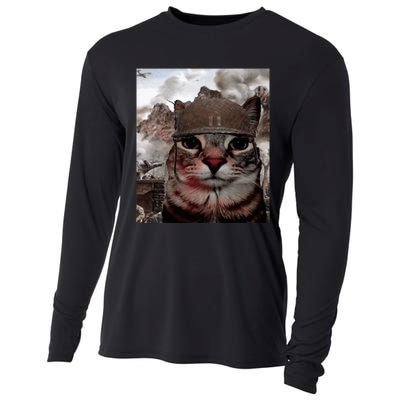 Thousand Yard Stare Funny Soldier Cat Meme In Battlefield Cooling Performance Long Sleeve Crew