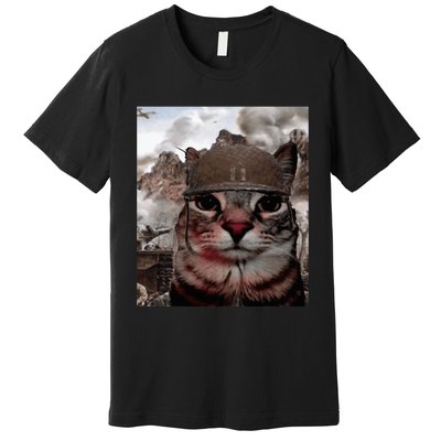 Thousand Yard Stare Funny Soldier Cat Meme In Battlefield Premium T-Shirt