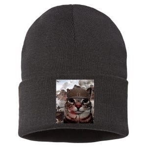 Thousand Yard Stare Funny Soldier Cat Meme In Battlefield Sustainable Knit Beanie