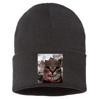 Thousand Yard Stare Funny Soldier Cat Meme In Battlefield Sustainable Knit Beanie