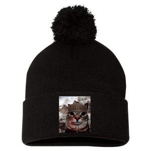 Thousand Yard Stare Funny Soldier Cat Meme In Battlefield Pom Pom 12in Knit Beanie