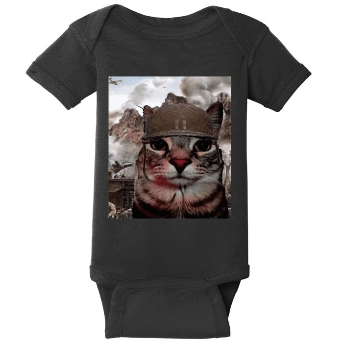 Thousand Yard Stare Funny Soldier Cat Meme In Battlefield Baby Bodysuit