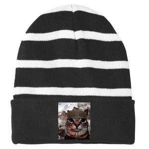 Thousand Yard Stare Funny Soldier Cat Meme In Battlefield Striped Beanie with Solid Band