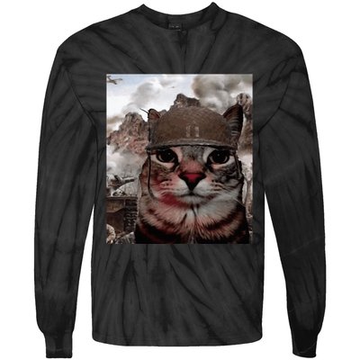 Thousand Yard Stare Funny Soldier Cat Meme In Battlefield Tie-Dye Long Sleeve Shirt