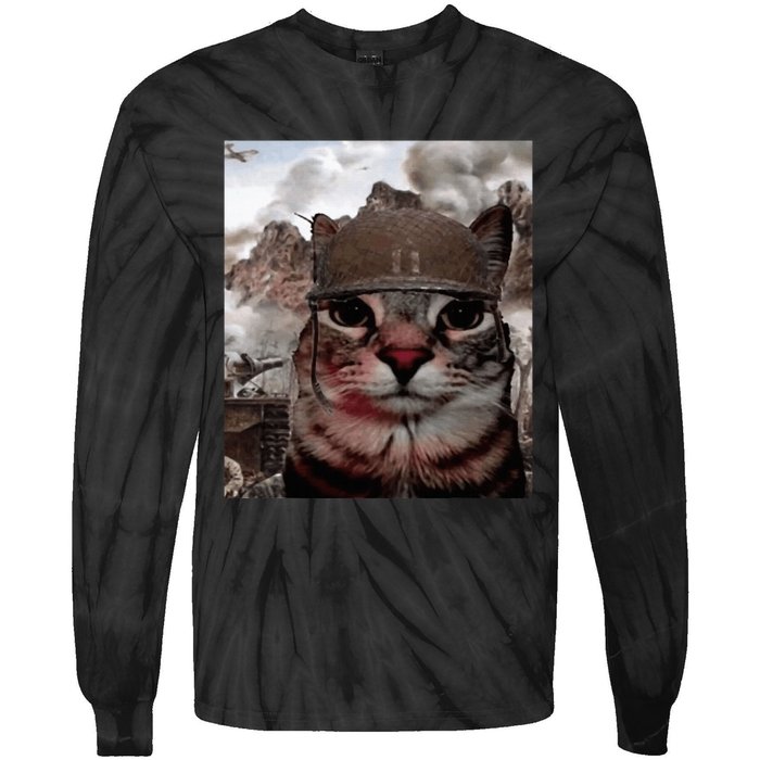 Thousand Yard Stare Funny Soldier Cat Meme In Battlefield Tie-Dye Long Sleeve Shirt