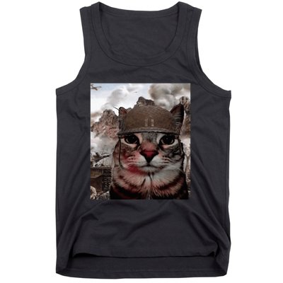 Thousand Yard Stare Funny Soldier Cat Meme In Battlefield Tank Top