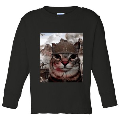 Thousand Yard Stare Funny Soldier Cat Meme In Battlefield Toddler Long Sleeve Shirt