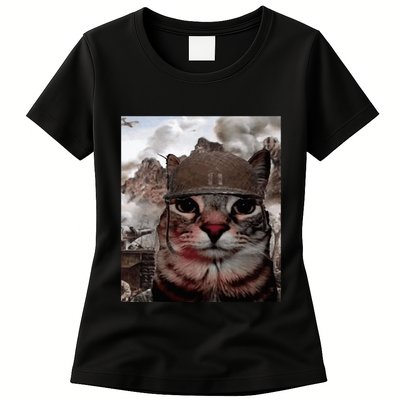 Thousand Yard Stare Funny Soldier Cat Meme In Battlefield Womens T-Shirt
