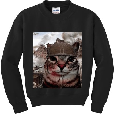 Thousand Yard Stare Funny Soldier Cat Meme In Battlefield Kids Sweatshirt