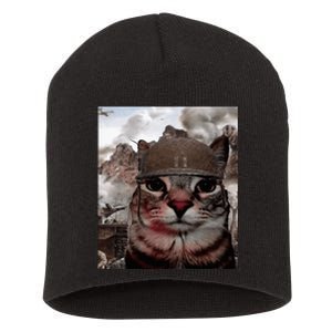 Thousand Yard Stare Funny Soldier Cat Meme In Battlefield Short Acrylic Beanie