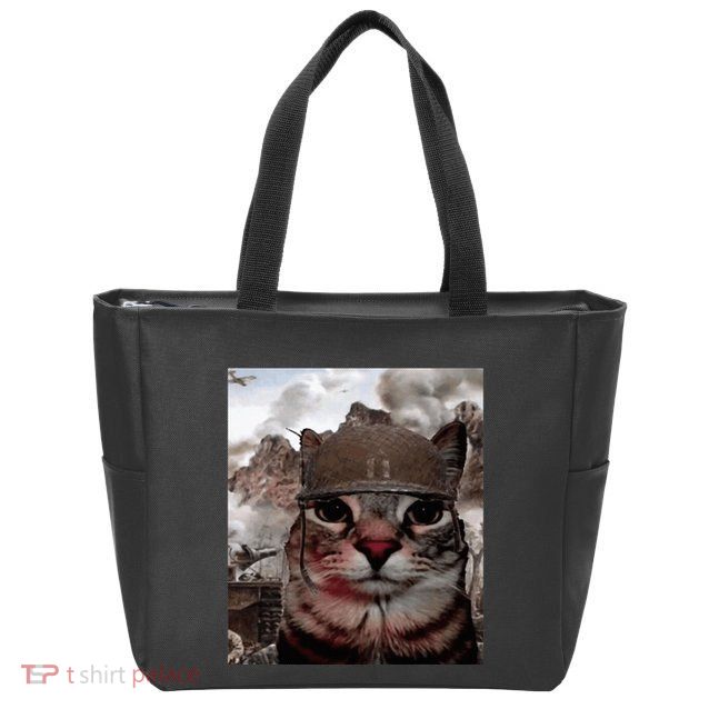 Thousand Yard Stare Funny Soldier Cat Meme In Battlefield Zip Tote Bag