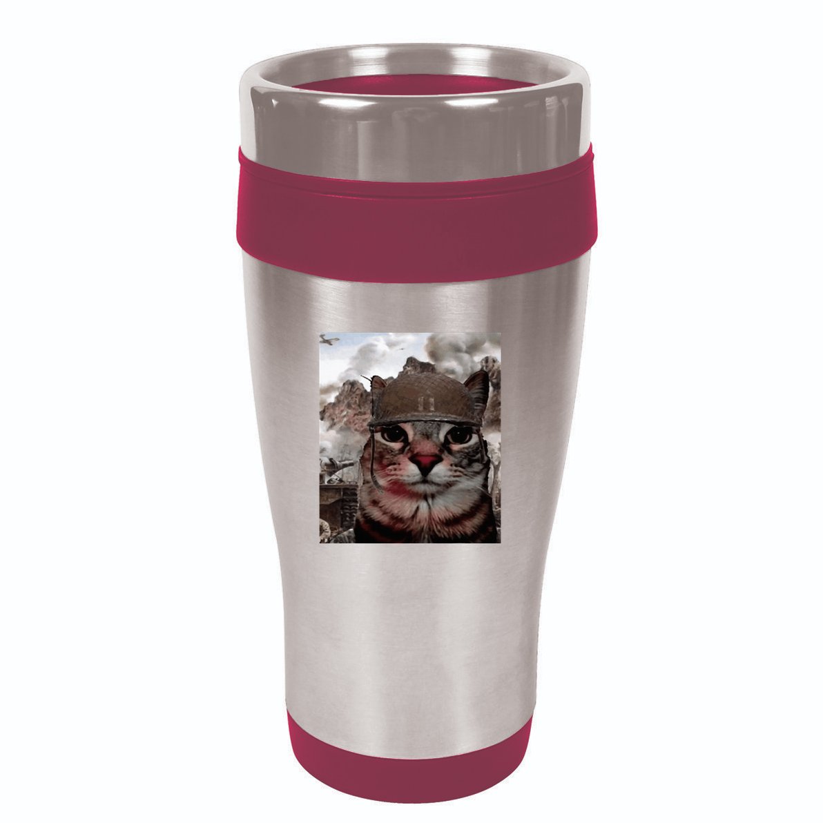 Thousand Yard Stare Funny Soldier Cat Meme In Battlefield 16oz Travel Tumbler