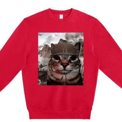 Thousand Yard Stare Funny Soldier Cat Meme In Battlefield Premium Crewneck Sweatshirt