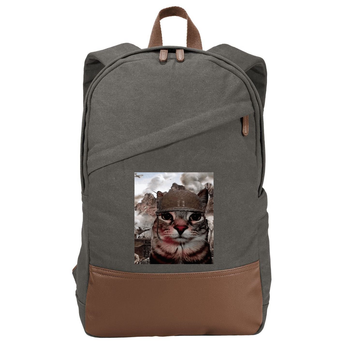 Thousand Yard Stare Funny Soldier Cat Meme In Battlefield Cotton Canvas Backpack