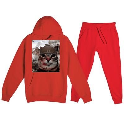 Thousand Yard Stare Funny Soldier Cat Meme In Battlefield Premium Hooded Sweatsuit Set